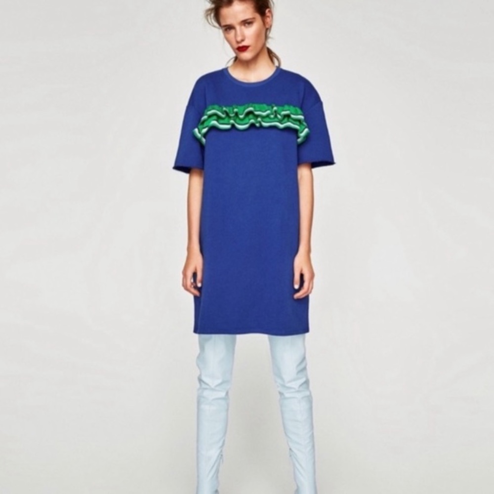 ZARA Blue Shirt Dress Ruffle Front Oversized Blogger Favorite Large